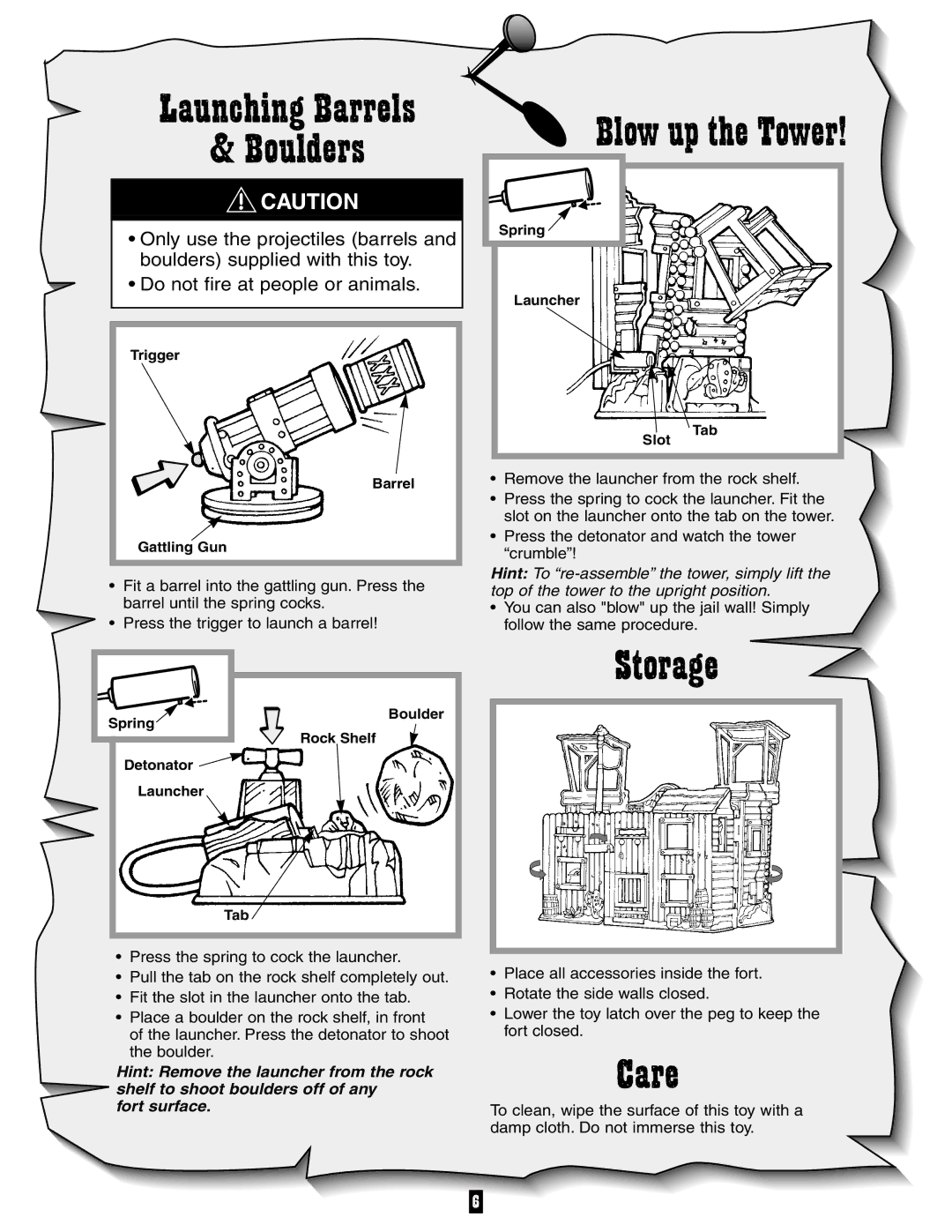 Fisher-Price 77029 manual Launching Barrels Boulders, Blow up the Tower, Storage, Care 