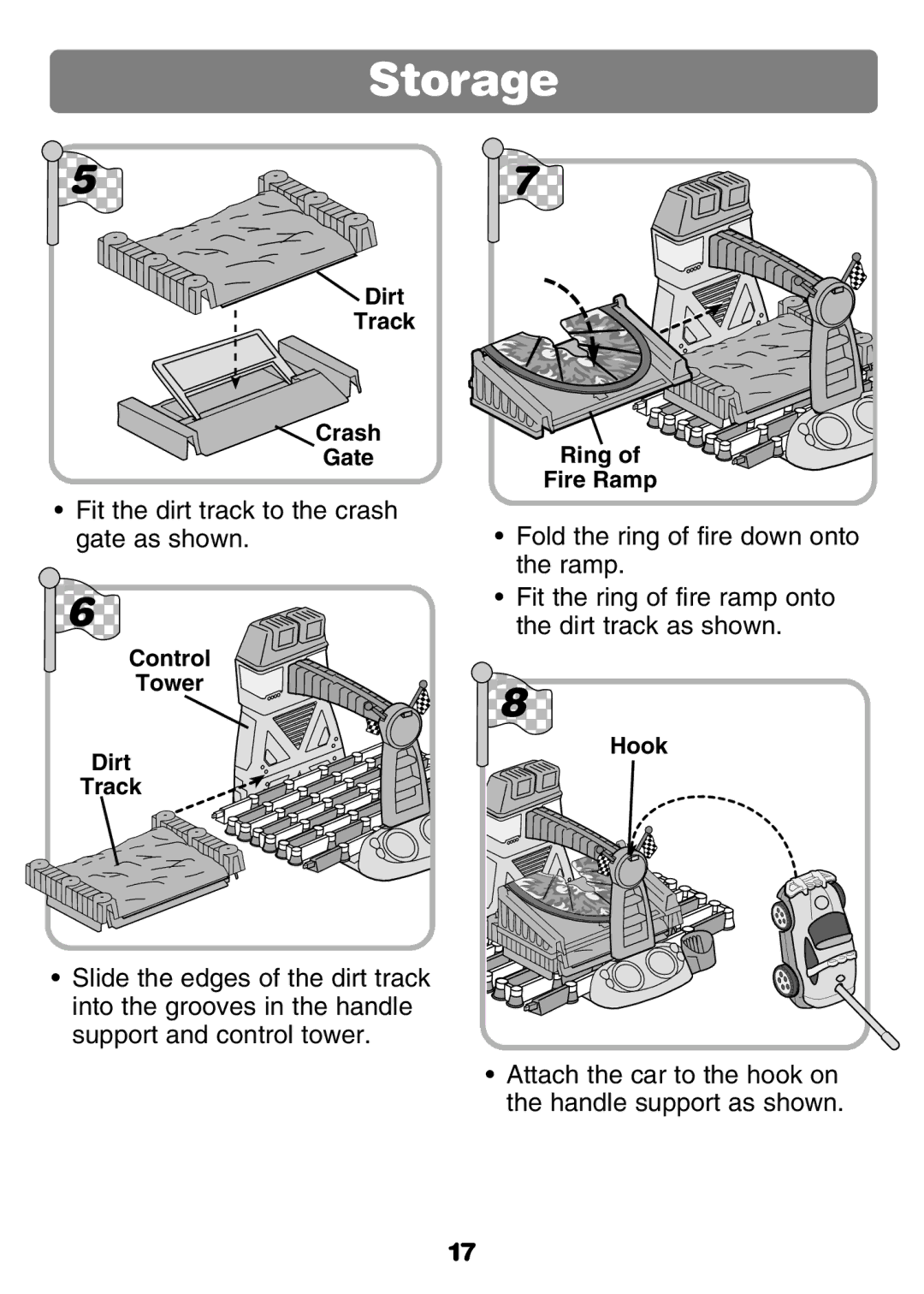 Fisher-Price 77306 instruction sheet Fit the dirt track to the crash gate as shown 