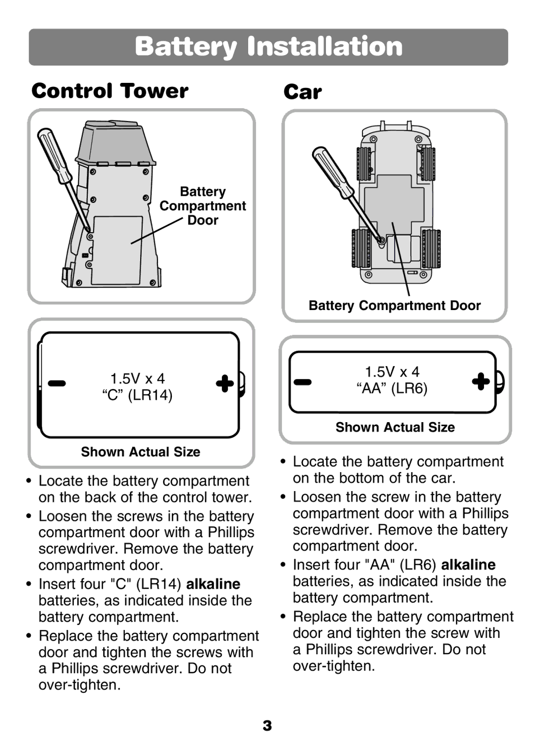 Fisher-Price 77306 instruction sheet Battery Installation, Control Tower Car 