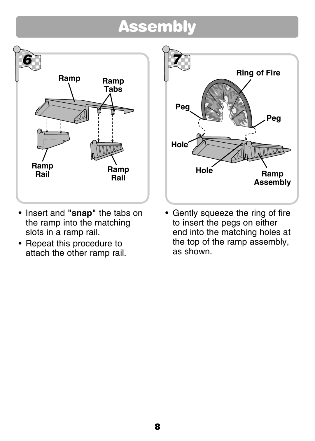 Fisher-Price 77306 instruction sheet Ramp Ring of Fire Tabs Peg Hole Rail Assembly 