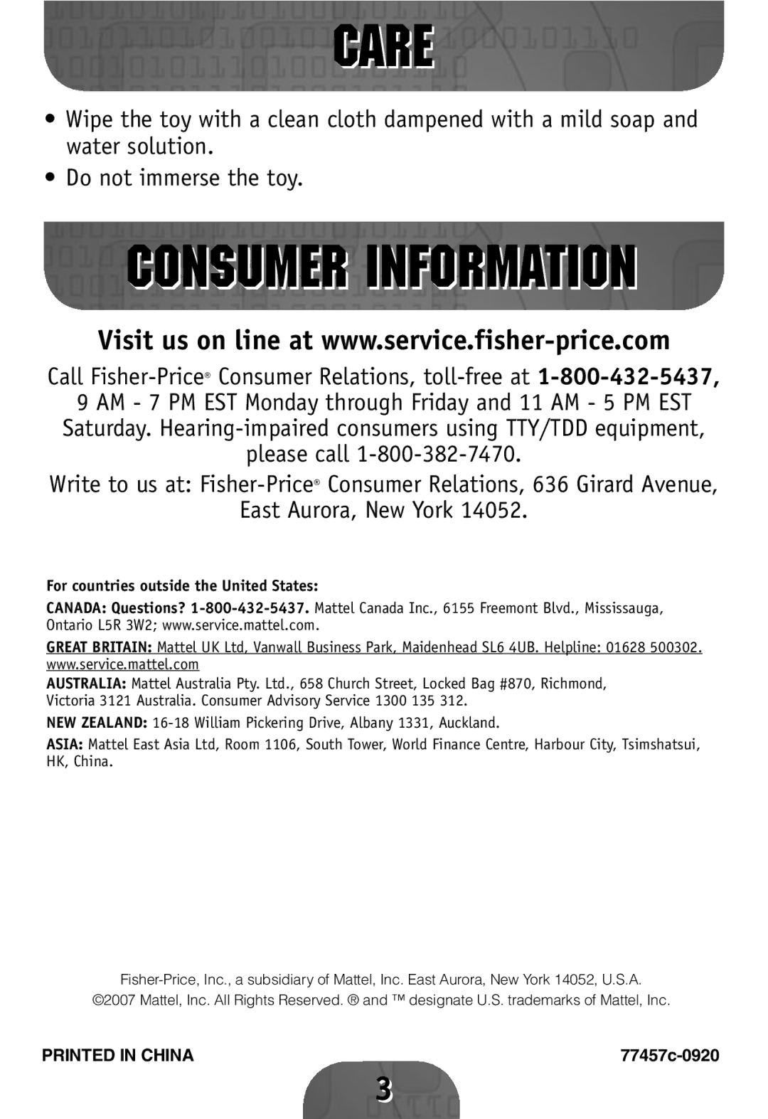 Fisher-Price 77460, 77457, 77458, 77459 instruction sheet Care, Consumer Information 