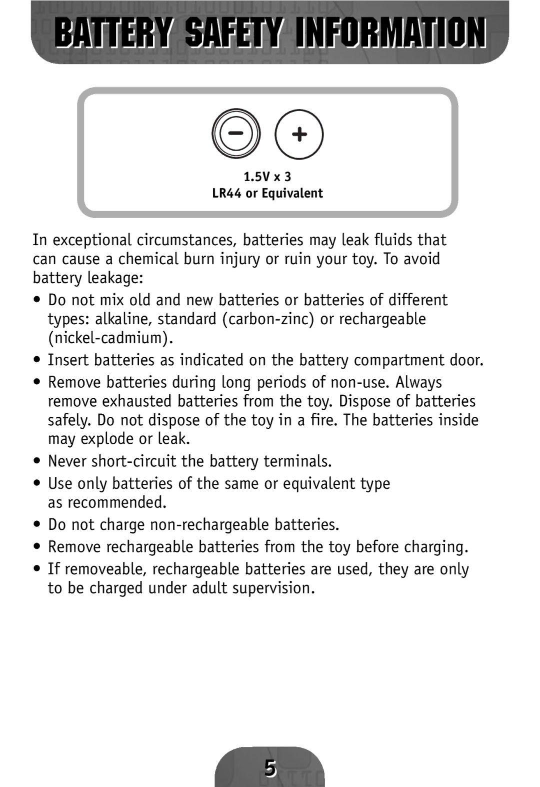 Fisher-Price 77458, 77457, 77459, 77460 instruction sheet Battery Safety Information 