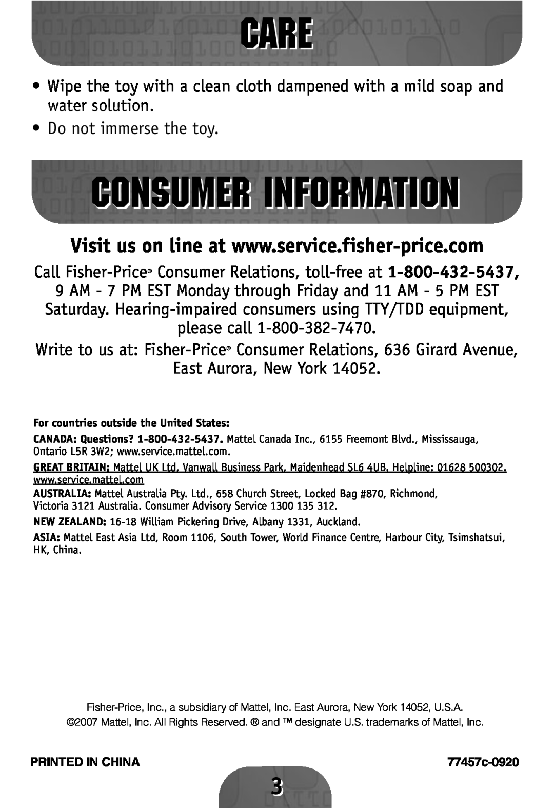 Fisher-Price 77460, 77457, 77458, 77459 instruction sheet Care, Consumer Information 