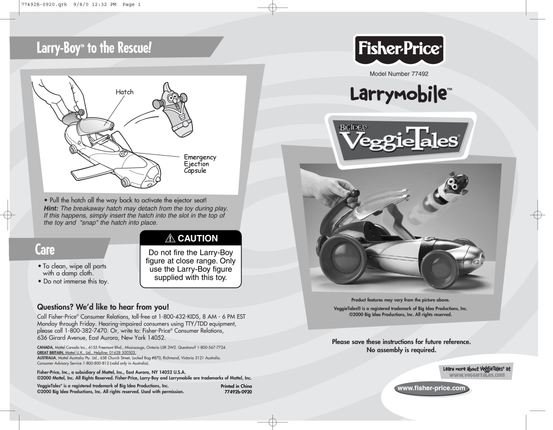 Fisher-Price 77492 manual Larry-BoyTM to the Rescue, Care, Larrymobile, Questions? We’d like to hear from you 