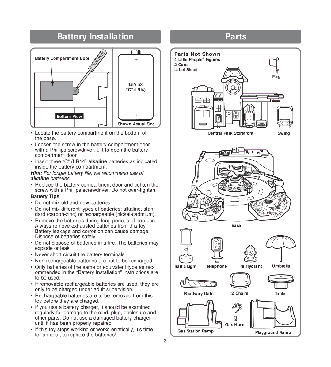 Fisher-Price 77702 instruction sheet Battery Installation, Parts Not Shown, Battery Tips 