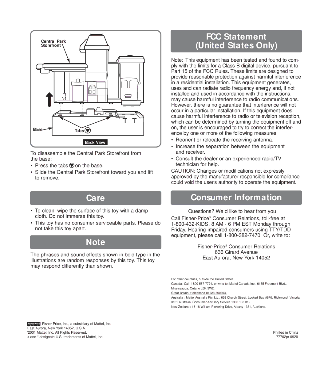 Fisher-Price 77702 FCC Statement United States Only, Care, Consumer Information, Questions? We’d like to hear from you 