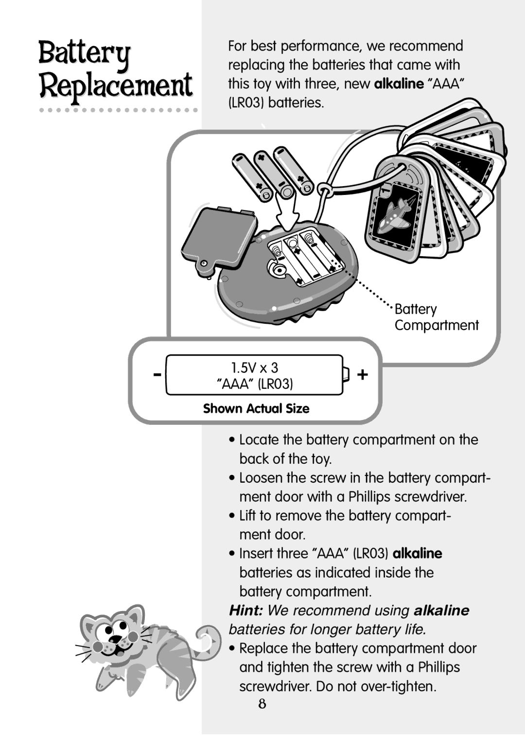 Fisher-Price 77824 manual Battery Replacement, Locate the battery compartment on the back of the toy 