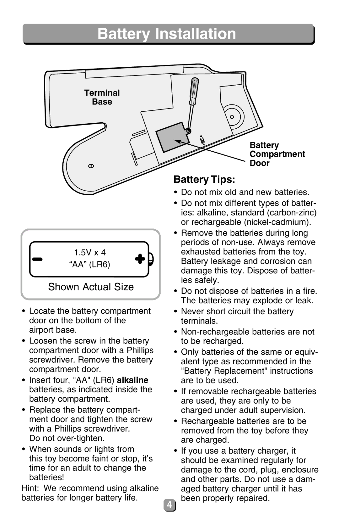 Fisher-Price 77831 instruction sheet BatteryPartsInstallation, Battery Compartment Door 