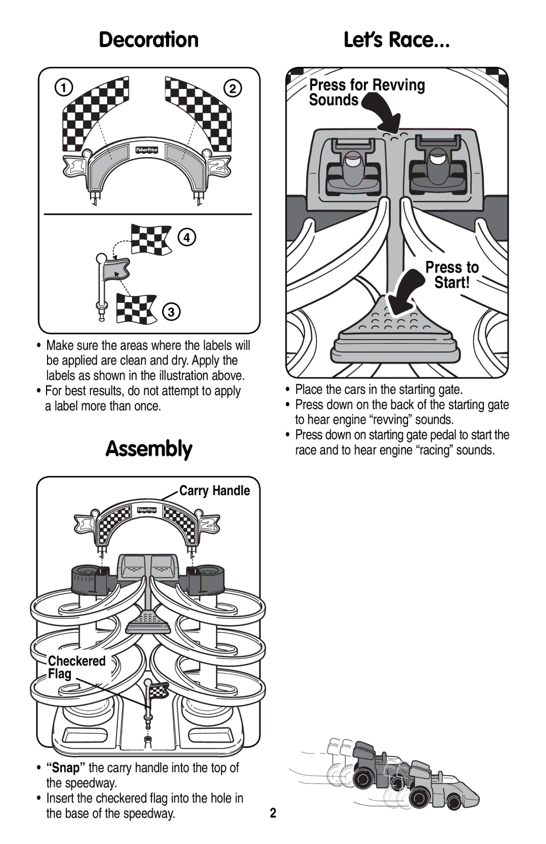 Fisher-Price 77855 instruction sheet Decoration Let’s Race, Assembly, Press for Revving Sounds, Carry Handle Checkered Flag 