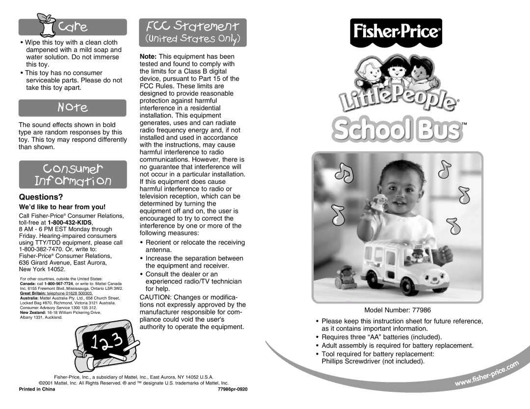 Fisher-Price 77986 instruction sheet Care, ConSumer Information, FCC Statement, Questions?, We’d like to hear from you 