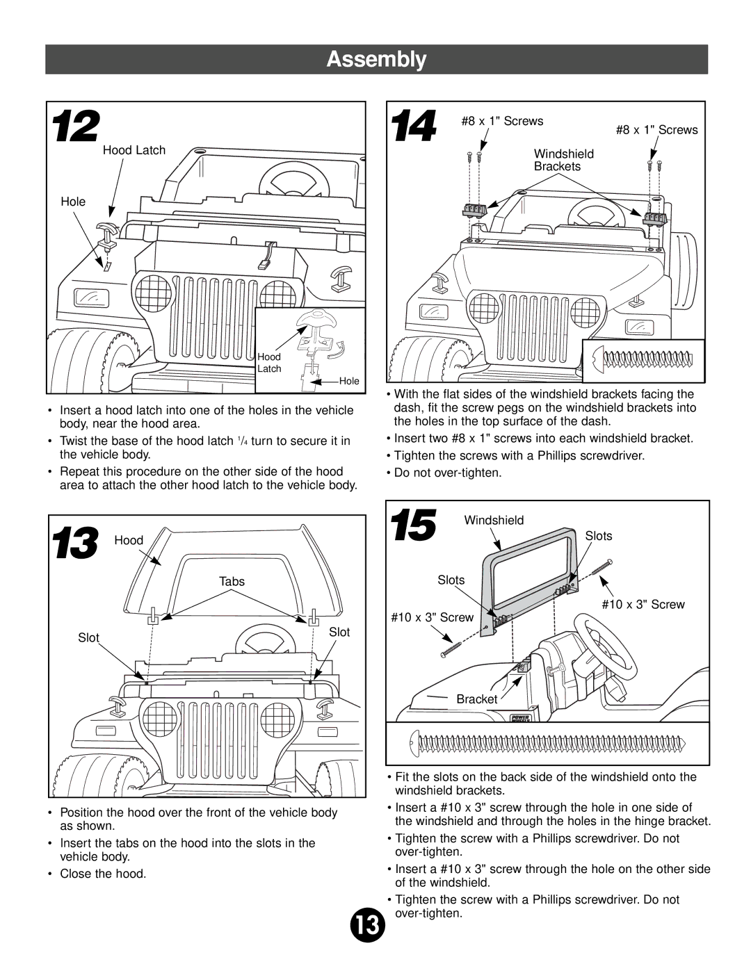 Fisher-Price 78490 owner manual #8 x 1 Screws Hood Latch Windshield Brackets Hole 