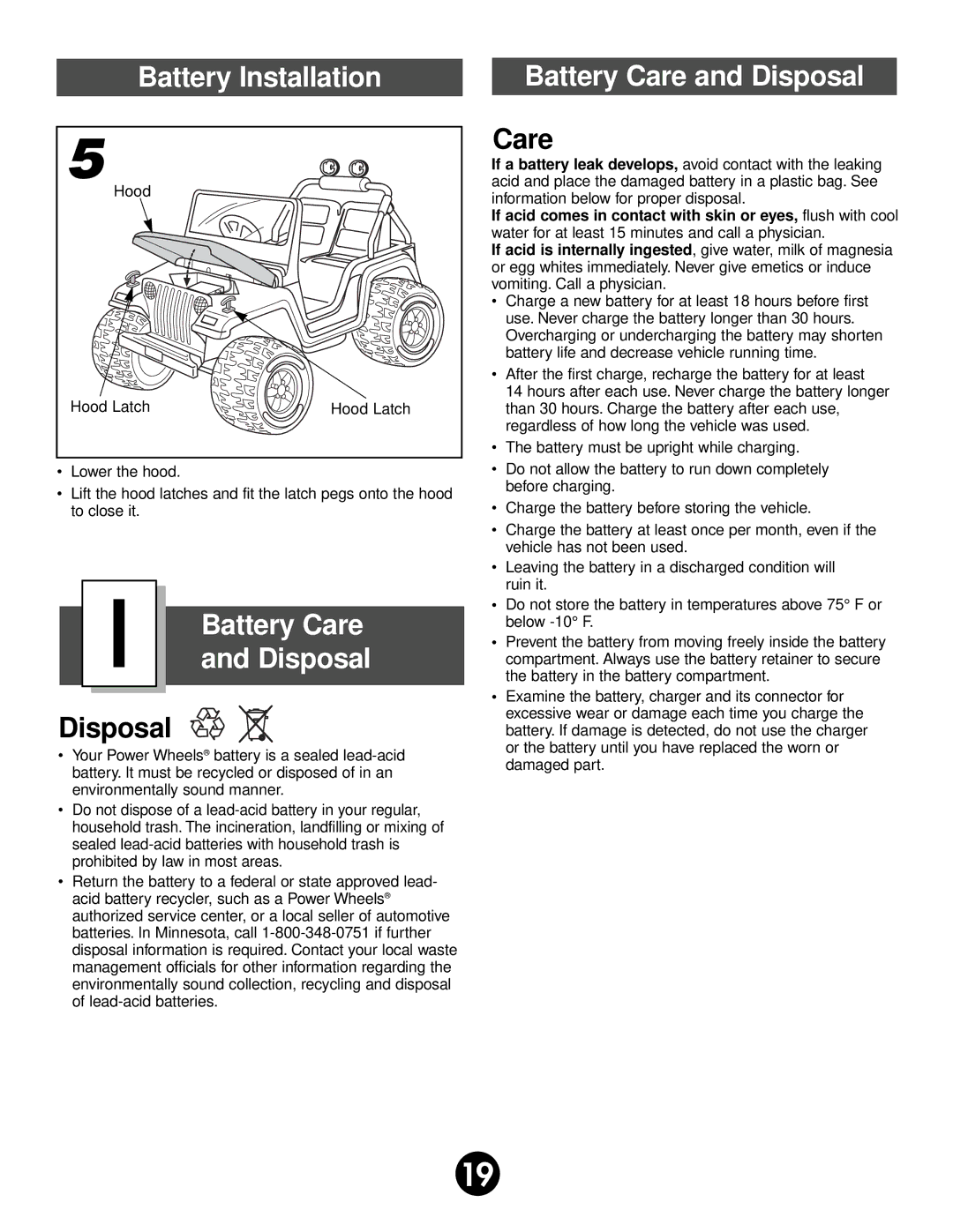 Fisher-Price 78490 owner manual Battery Installation Battery Care and Disposal 