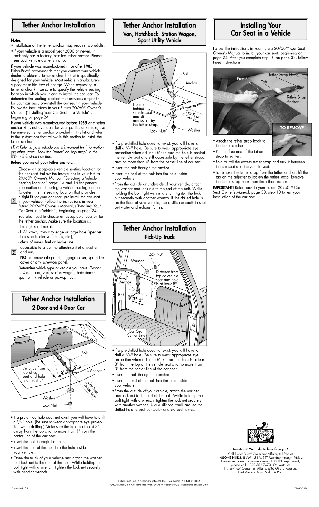 Fisher-Price 79013, 79014 manual Tether Anchor Installation, Installing Your Car Seat in a Vehicle 