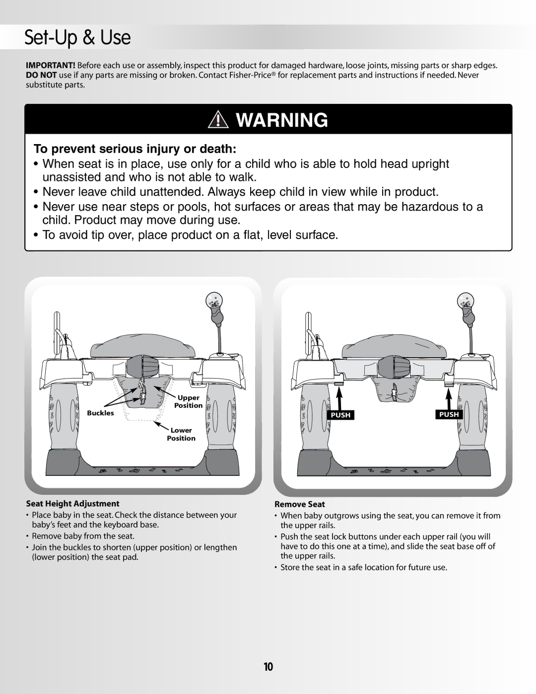 Fisher-Price 79029 instruction sheet Set-Up & Use, Seat Height Adjustment, Remove Seat 