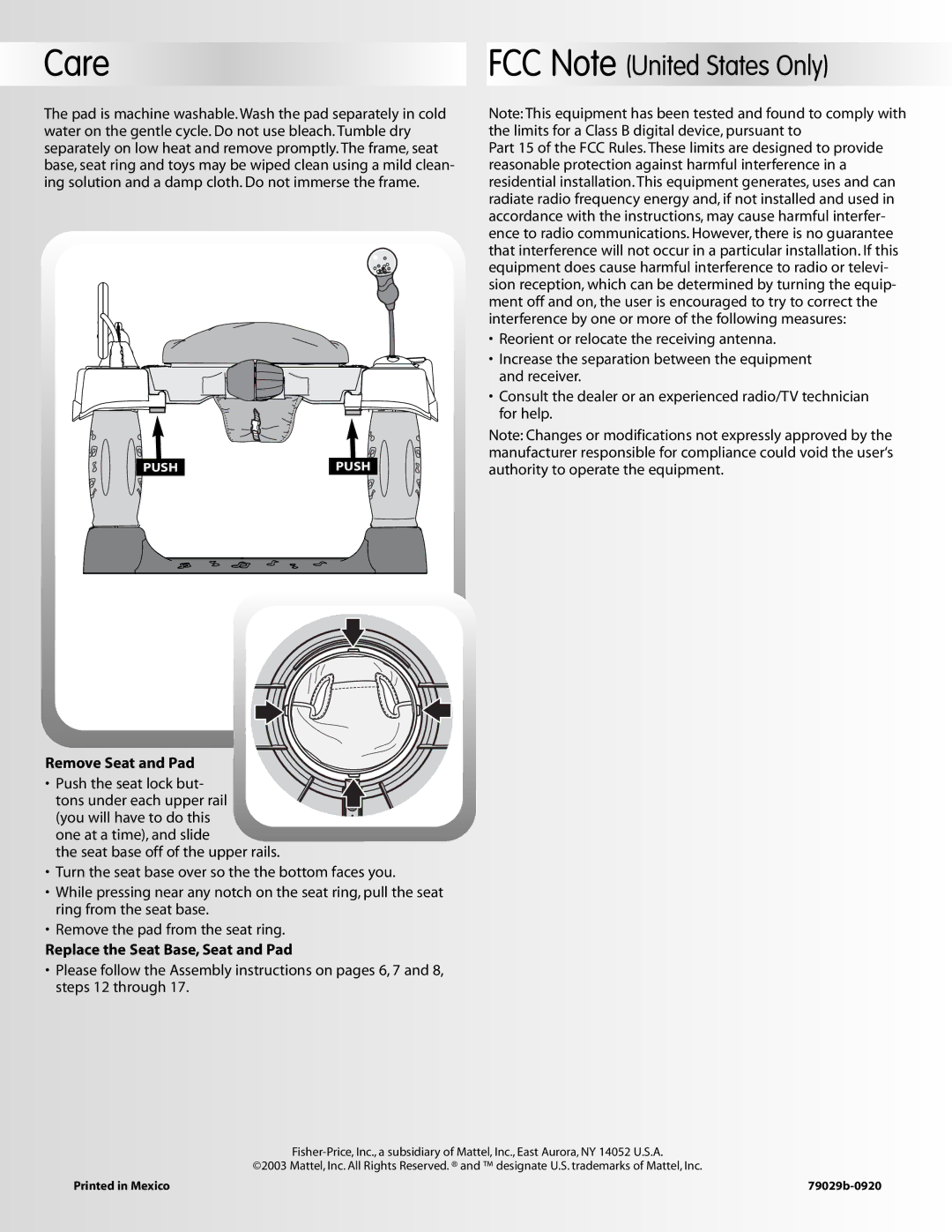 Fisher-Price 79029 instruction sheet Care, Remove Seat and Pad, Replace the Seat Base, Seat and Pad 