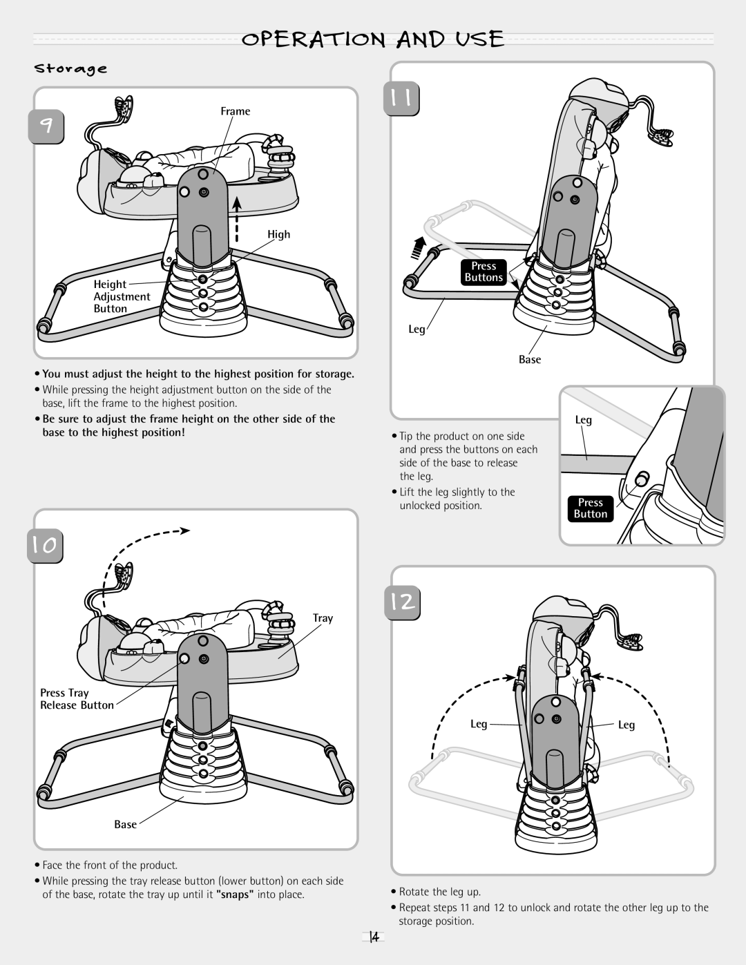 Fisher-Price 79070 manual Frame High Height Adjustment Button, Leg Base 