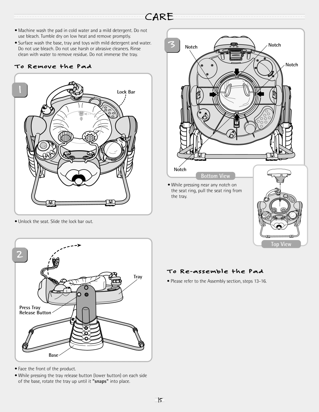 Fisher-Price 79070 manual Care, Notch, Press Tray Release Button Base 