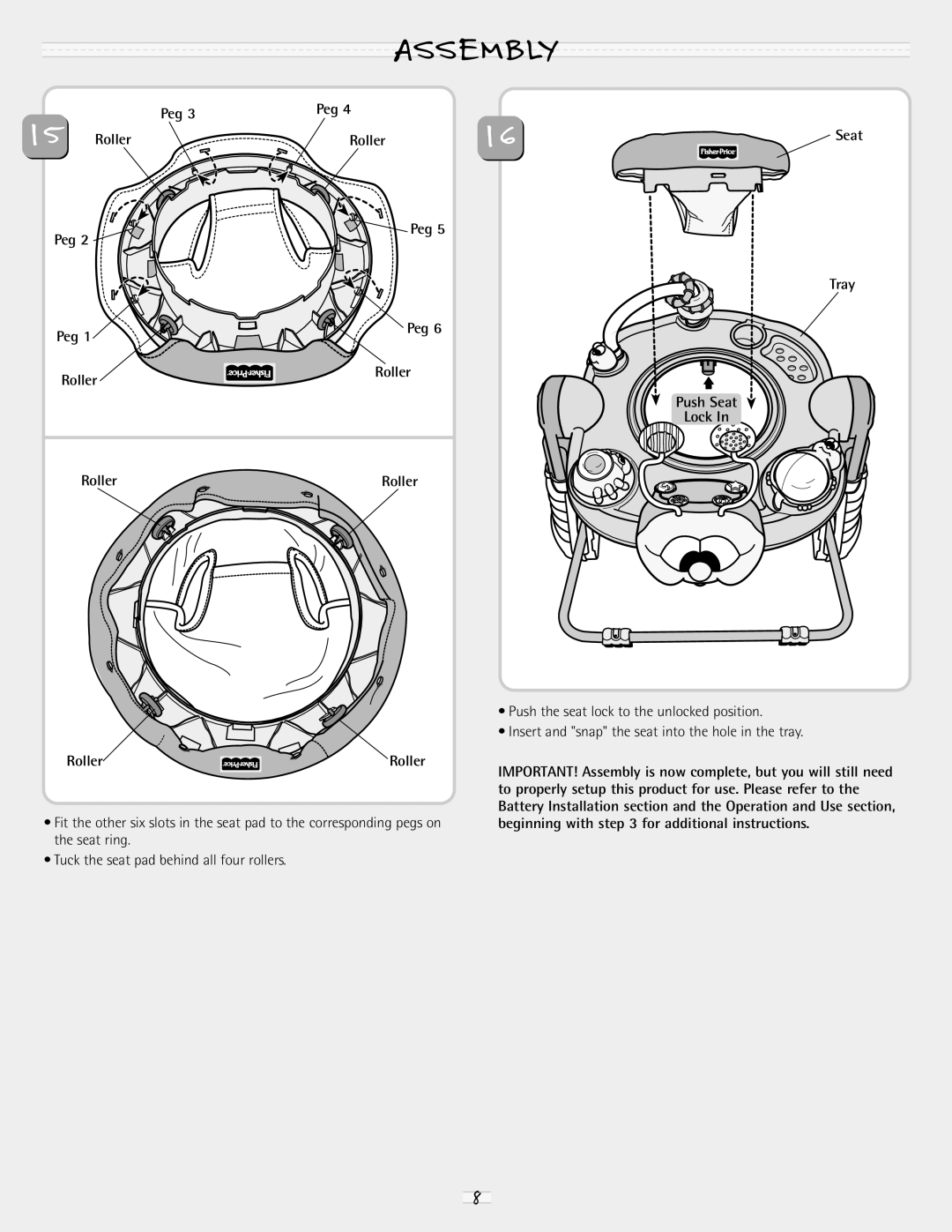 Fisher-Price 79070 manual Peg Roller, Peg Tray Roller Push Seat Lock 