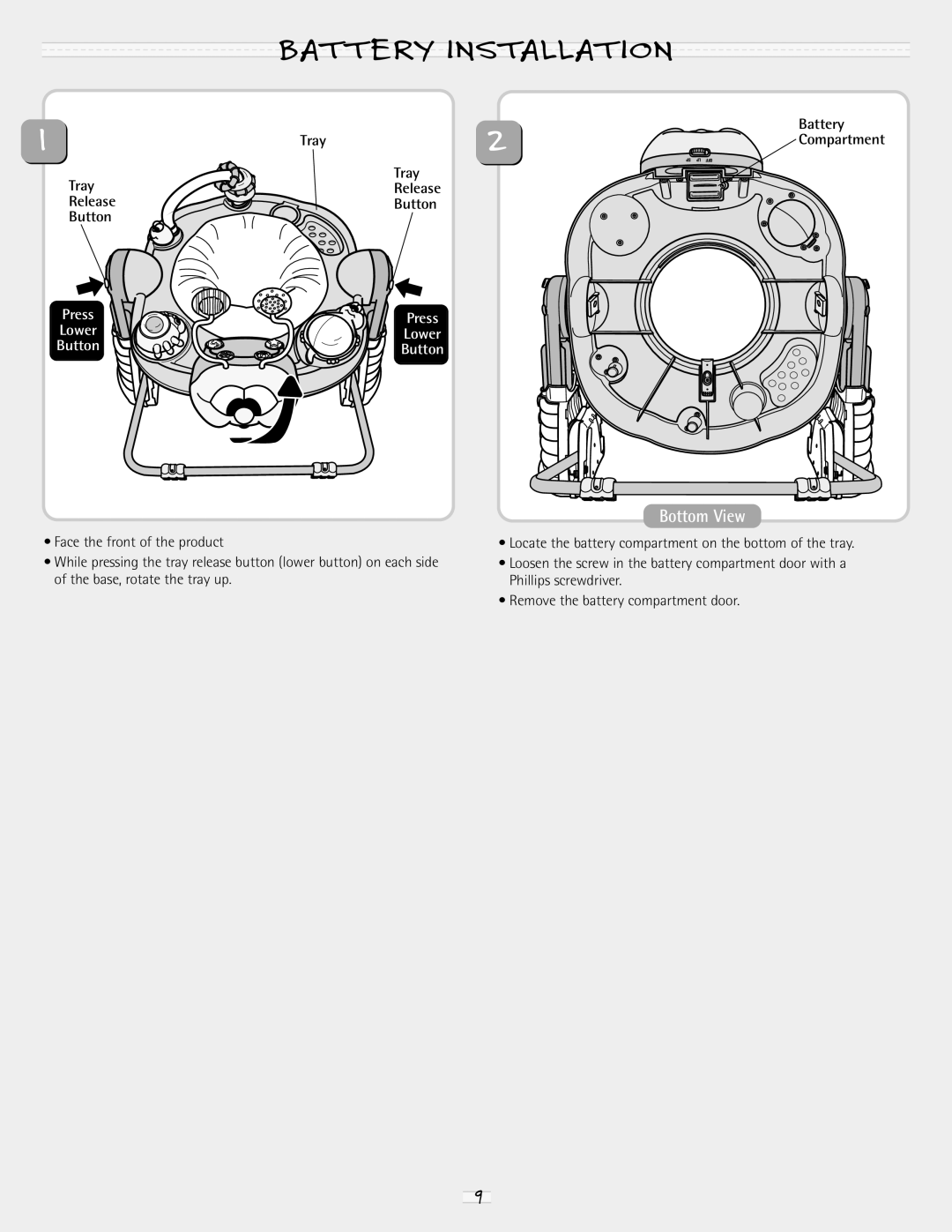 Fisher-Price 79070 manual Battery Installation, Tray Release Button 