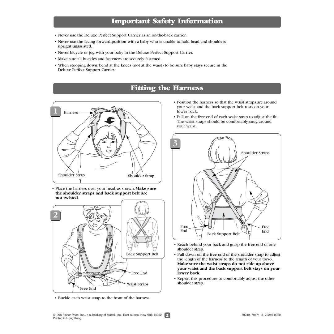 Fisher-Price 79249, 79471 manual Important Safety Information, Fitting the Harness 