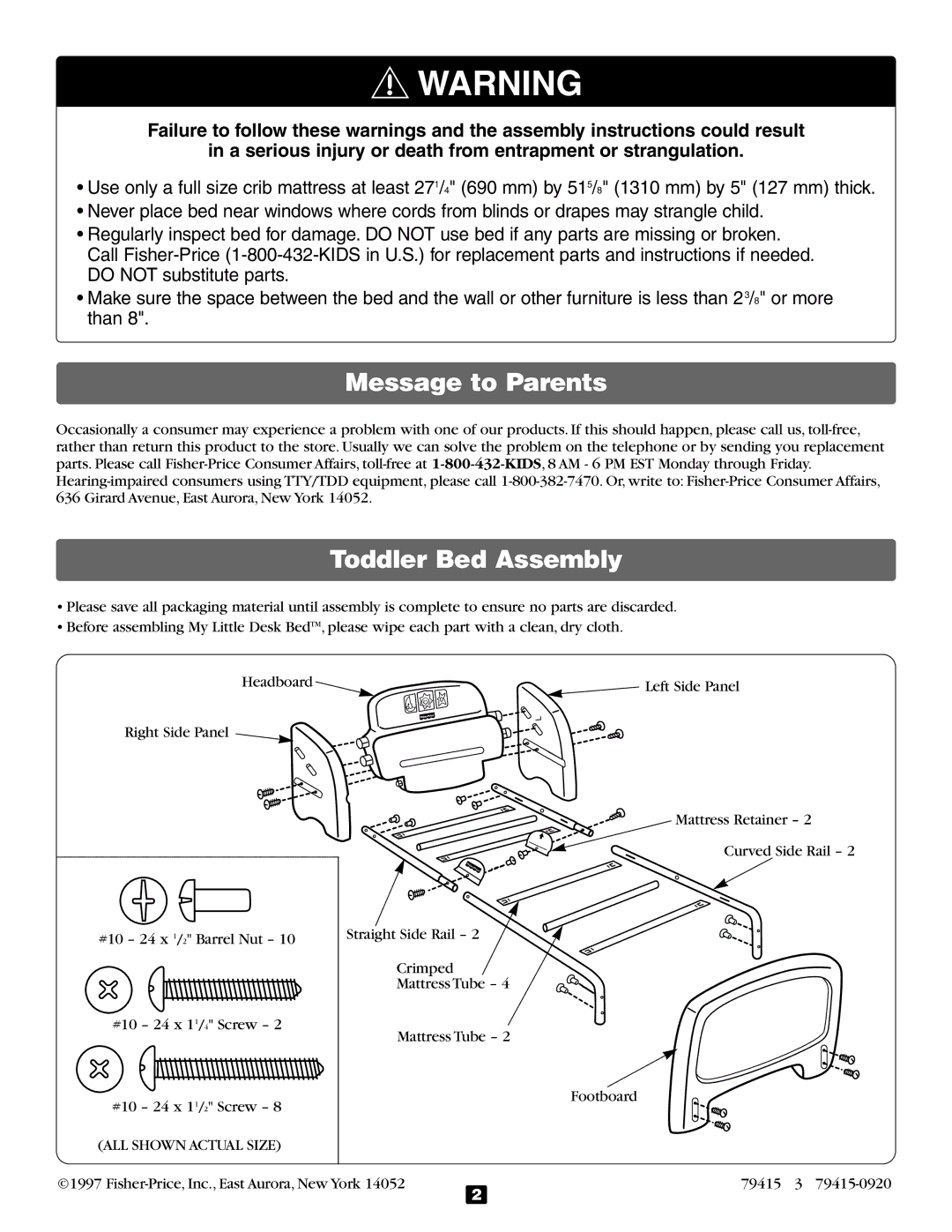 Fisher-Price 79415 manual Message to Parents, Toddler Bed Assembly 