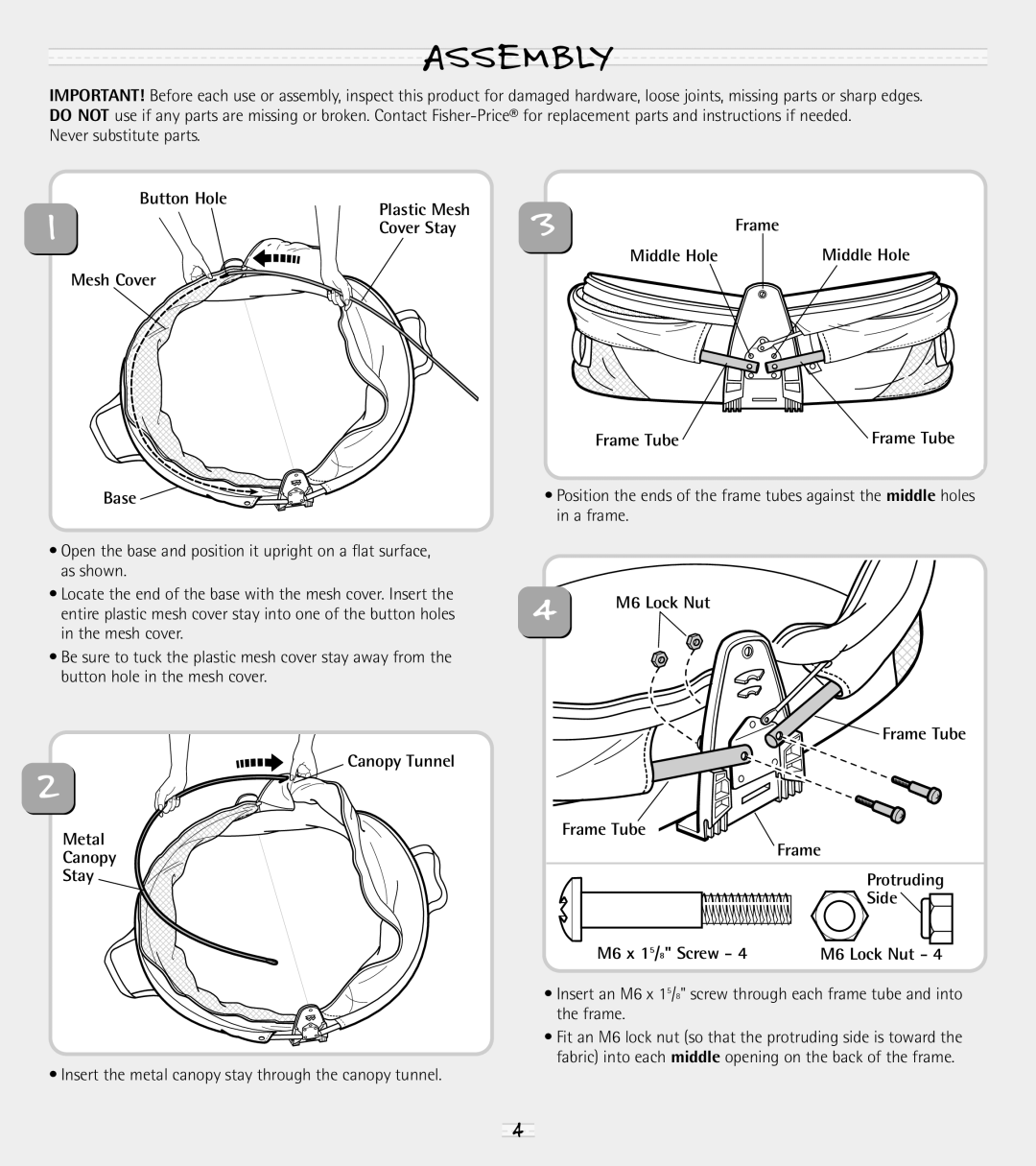 Fisher-Price 79545 Assembly, Button Hole Plastic Mesh Cover Stay Frame Middle Hole, Mesh Cover Frame Tube, Canopy Tunnel 