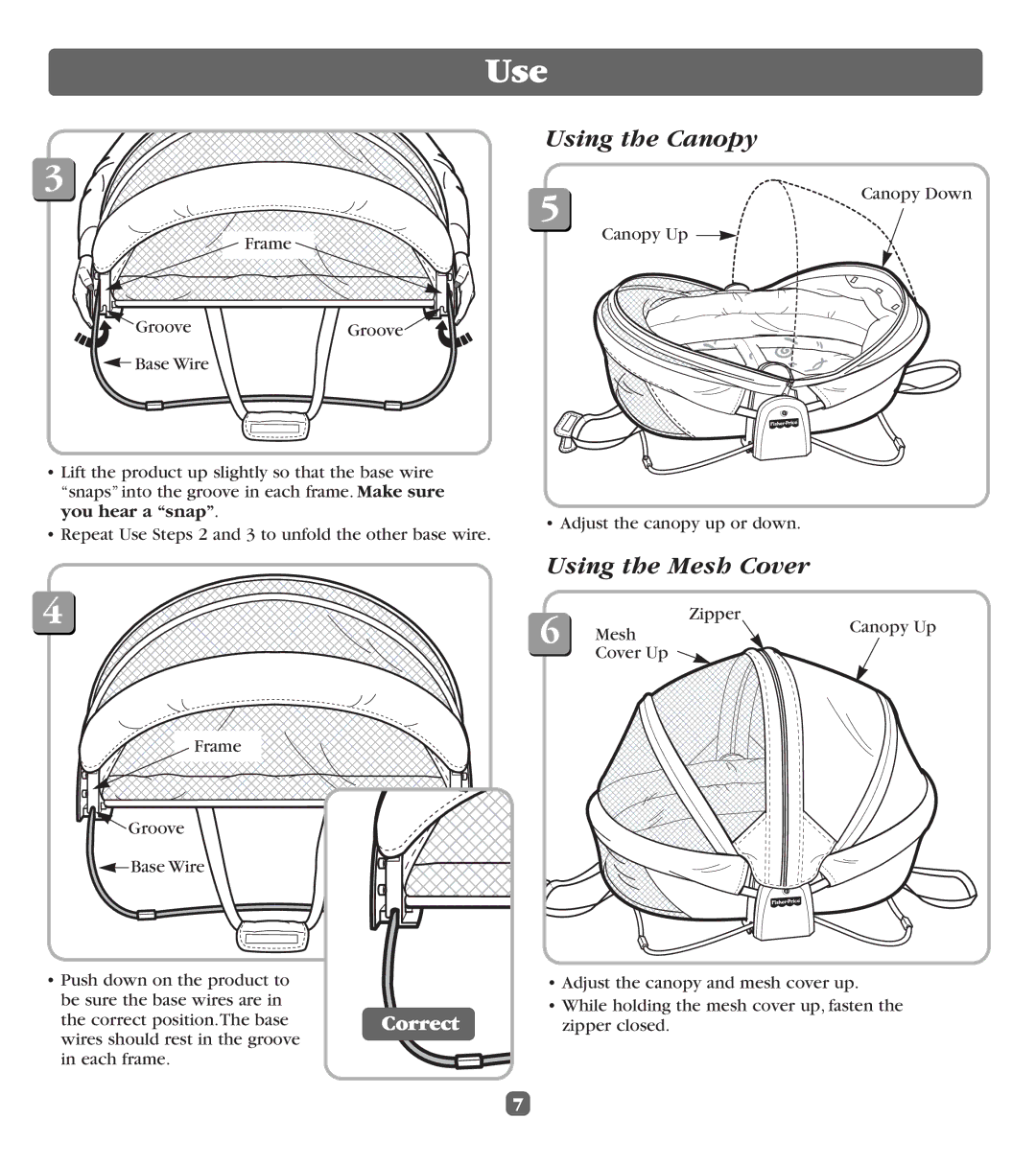 Fisher-Price 79534 manual Use, Using the Canopy, Using the Mesh Cover 