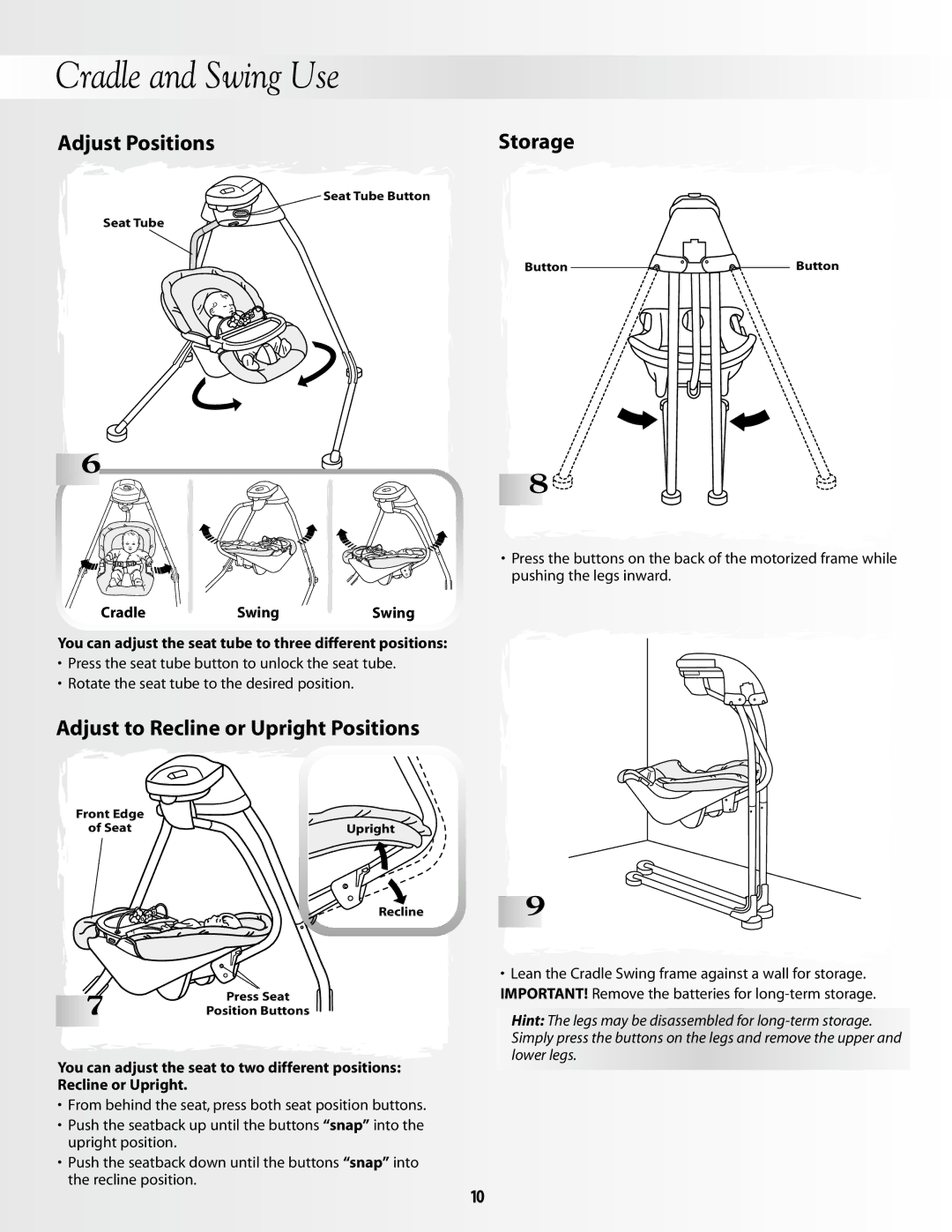 Fisher-Price 79596, 79595 instruction sheet Adjust Positions, Adjust to Recline or Upright Positions 