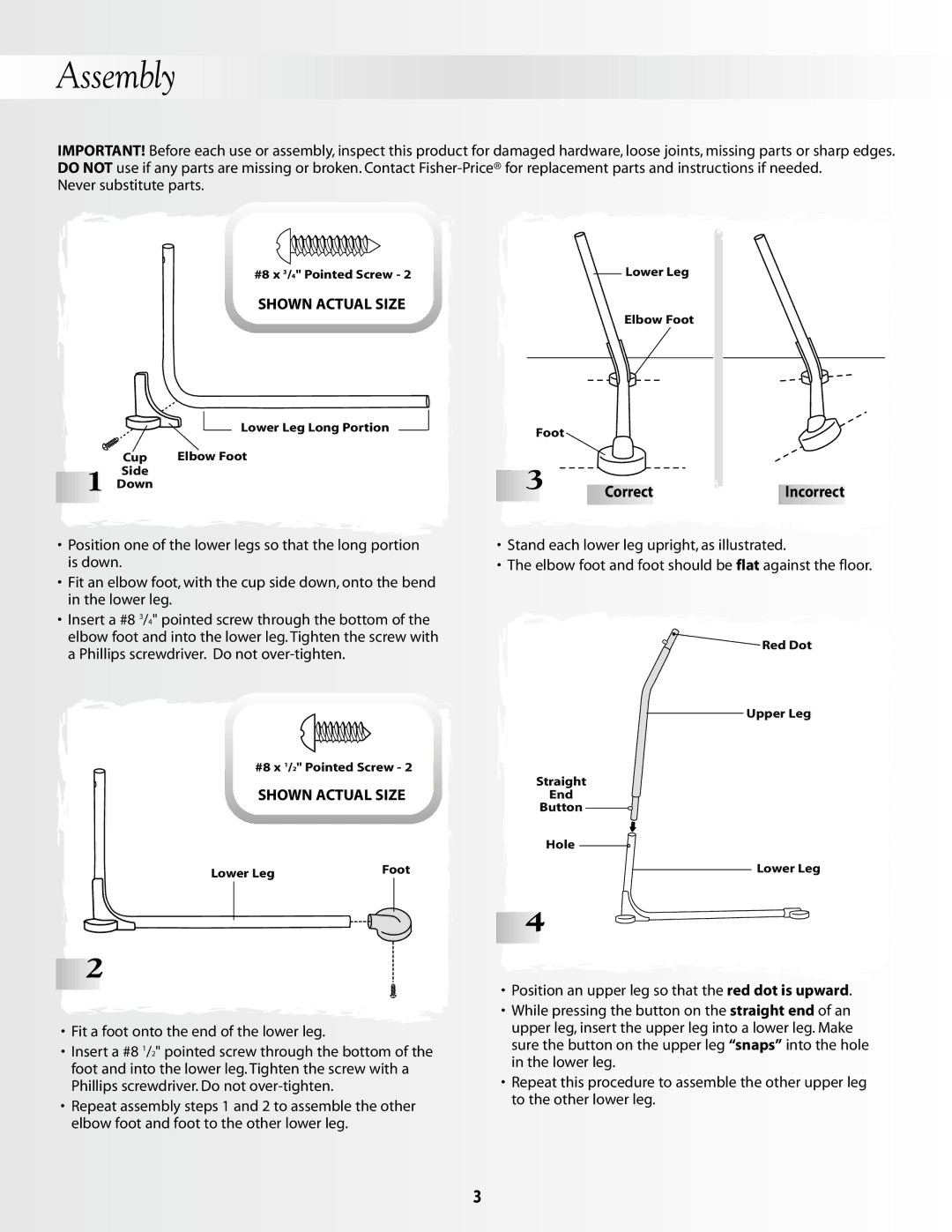 Fisher-Price 79595, 79596 instruction sheet Assembly, Correct 