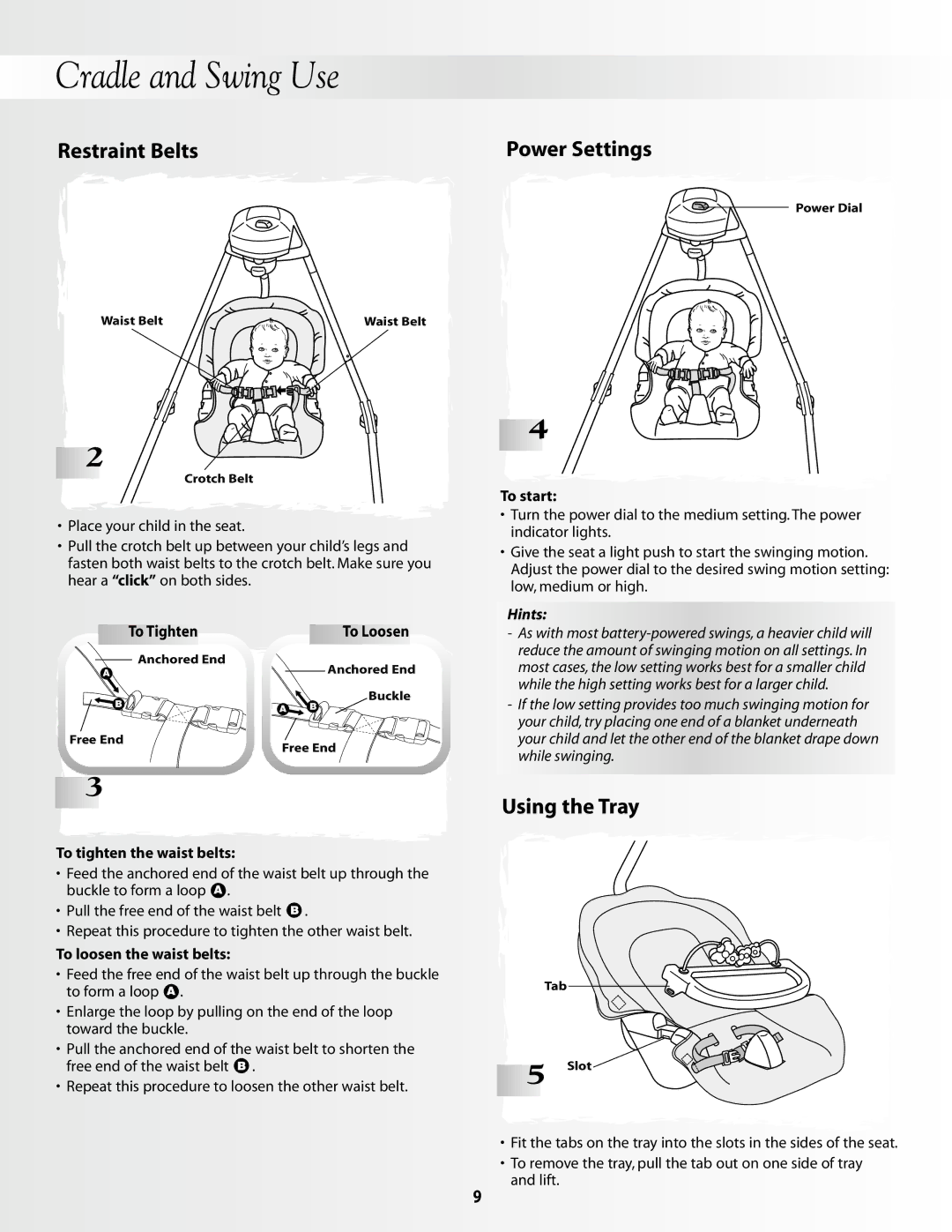 Fisher-Price 79595, 79596 instruction sheet Restraint Belts, Power Settings, Using the Tray, To Tighten, To Loosen 