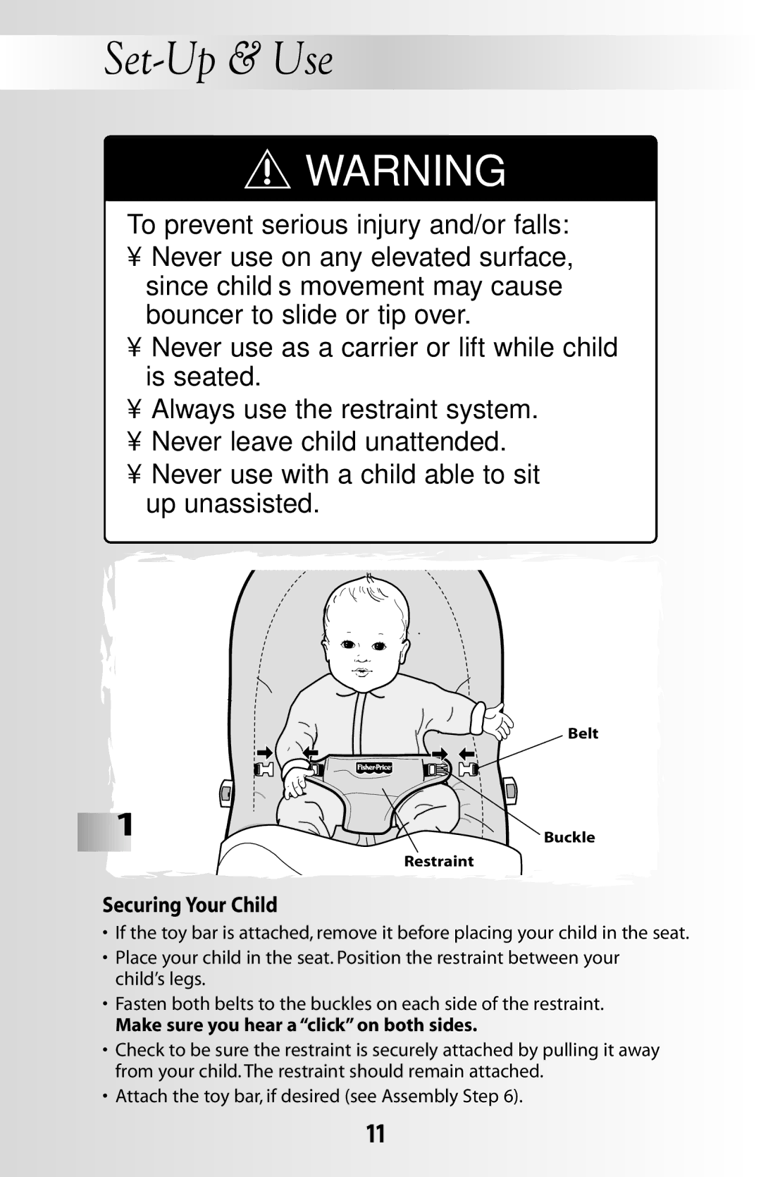 Fisher-Price 79619 instruction sheet Set-Up & Use, Securing Your Child, Make sure you hear a click on both sides 