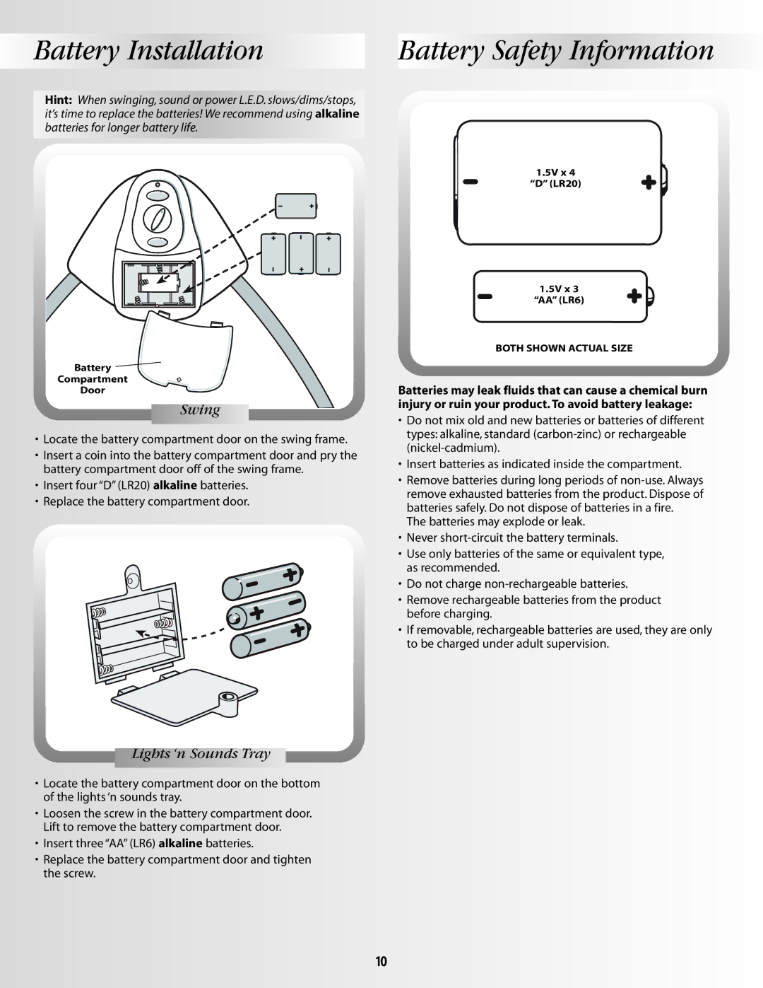 Fisher-Price 79644, B2388 manual Battery Installation Battery Safety Information, Swing 