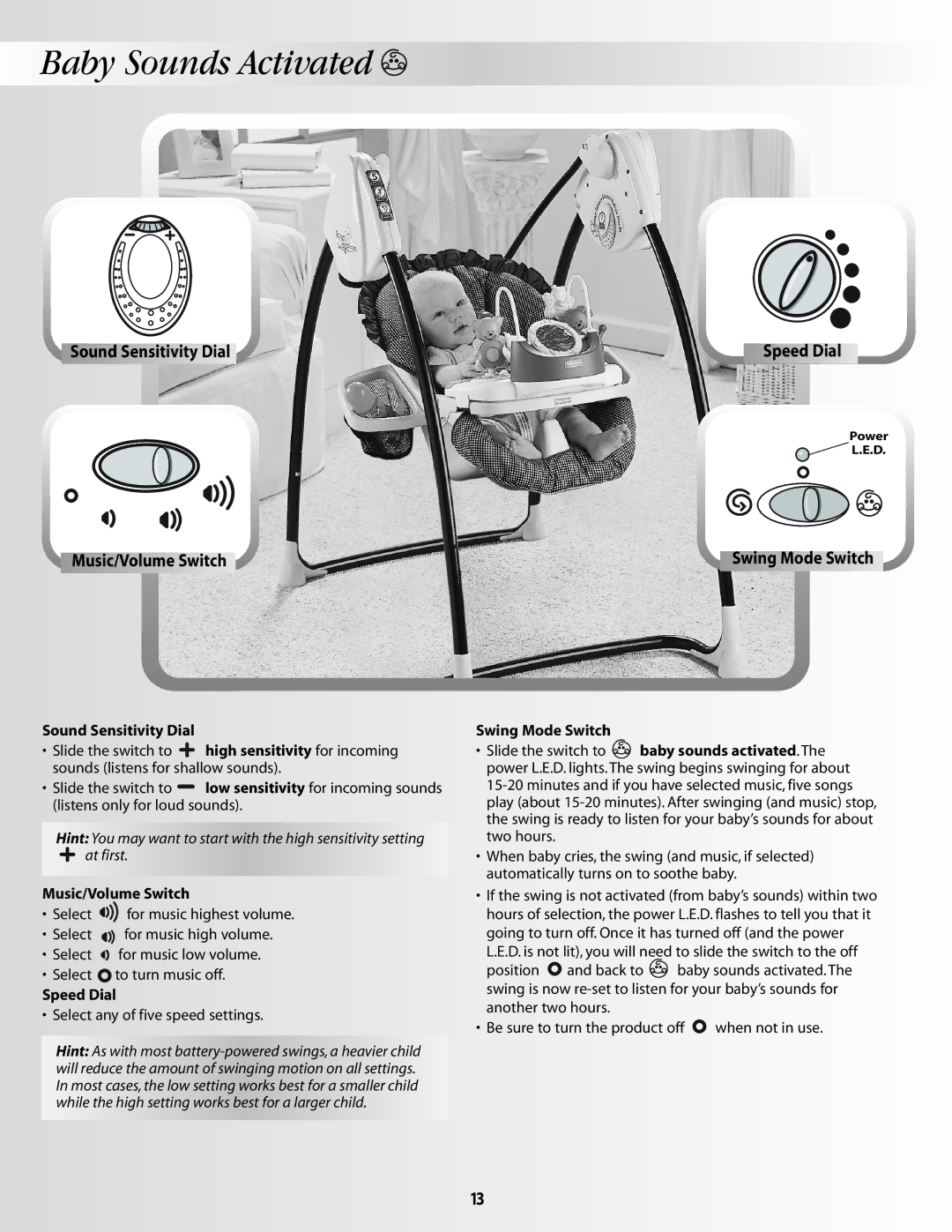 Fisher-Price B2388 manual Baby Sounds Activated, Sound Sensitivity Dial, Music/Volume Switch, Speed Dial, Swing Mode Switch 