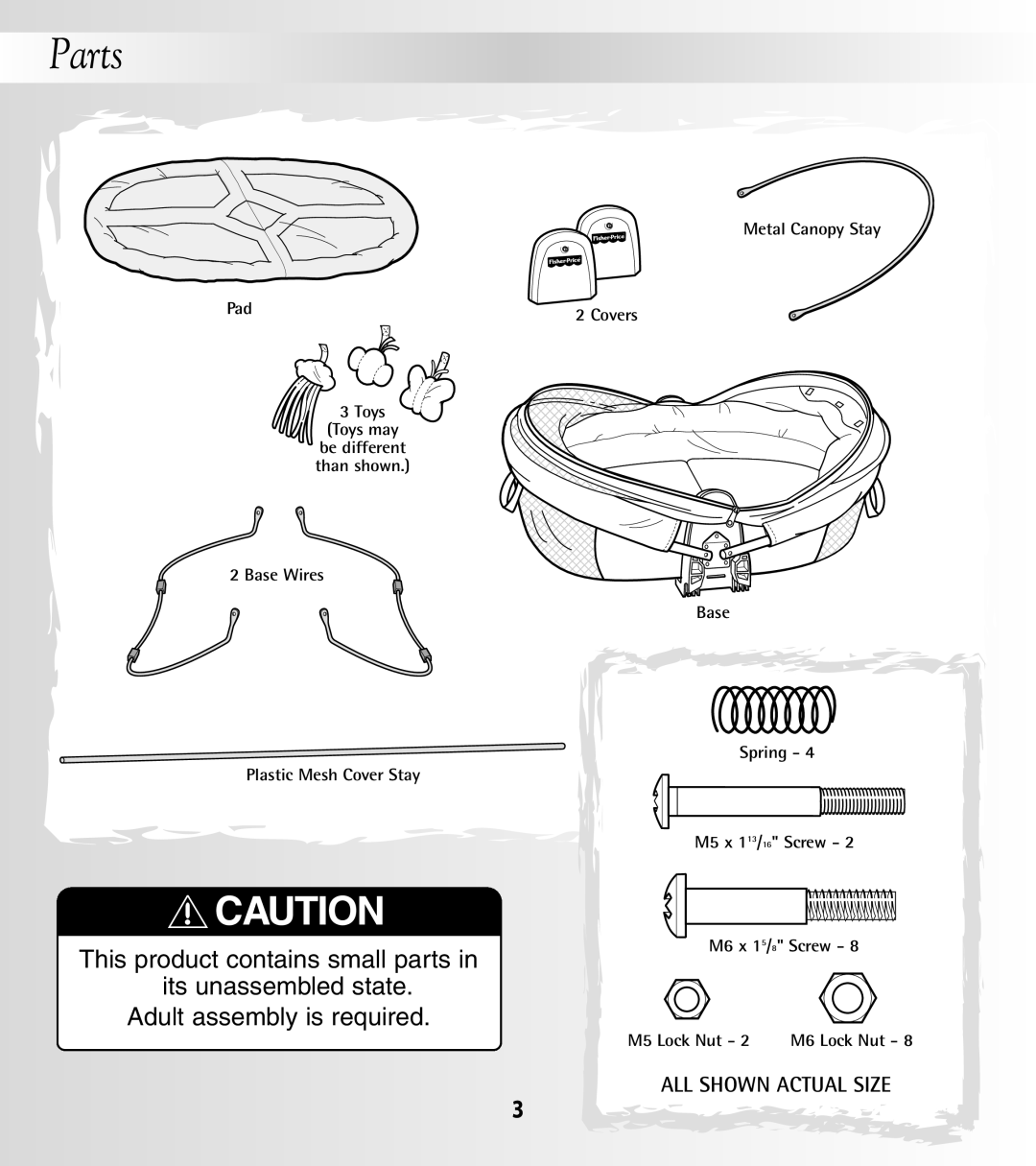 Fisher-Price 79652 instruction sheet Parts, Pad Toys Toys may, Base Wires Plastic Mesh Cover Stay 