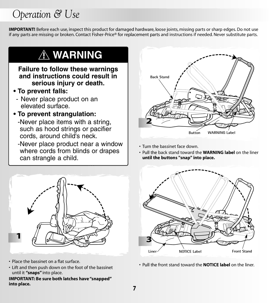 Fisher-Price 79658 Operation & Use, Important Be sure both latches have snapped into place, Turn the bassinet face down 