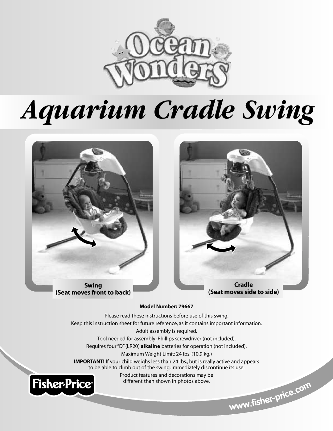 Fisher-Price 79667 instruction sheet Aquarium Cradle Swing, Model Number 