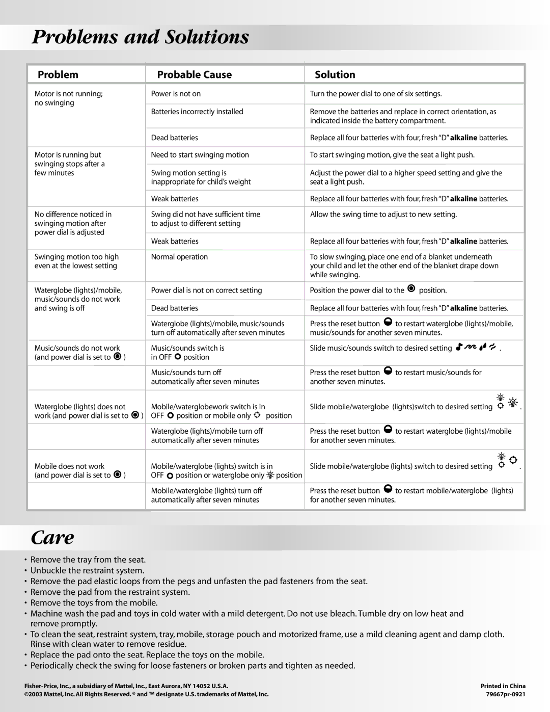 Fisher-Price 79667 instruction sheet Problems and Solutions, Care 