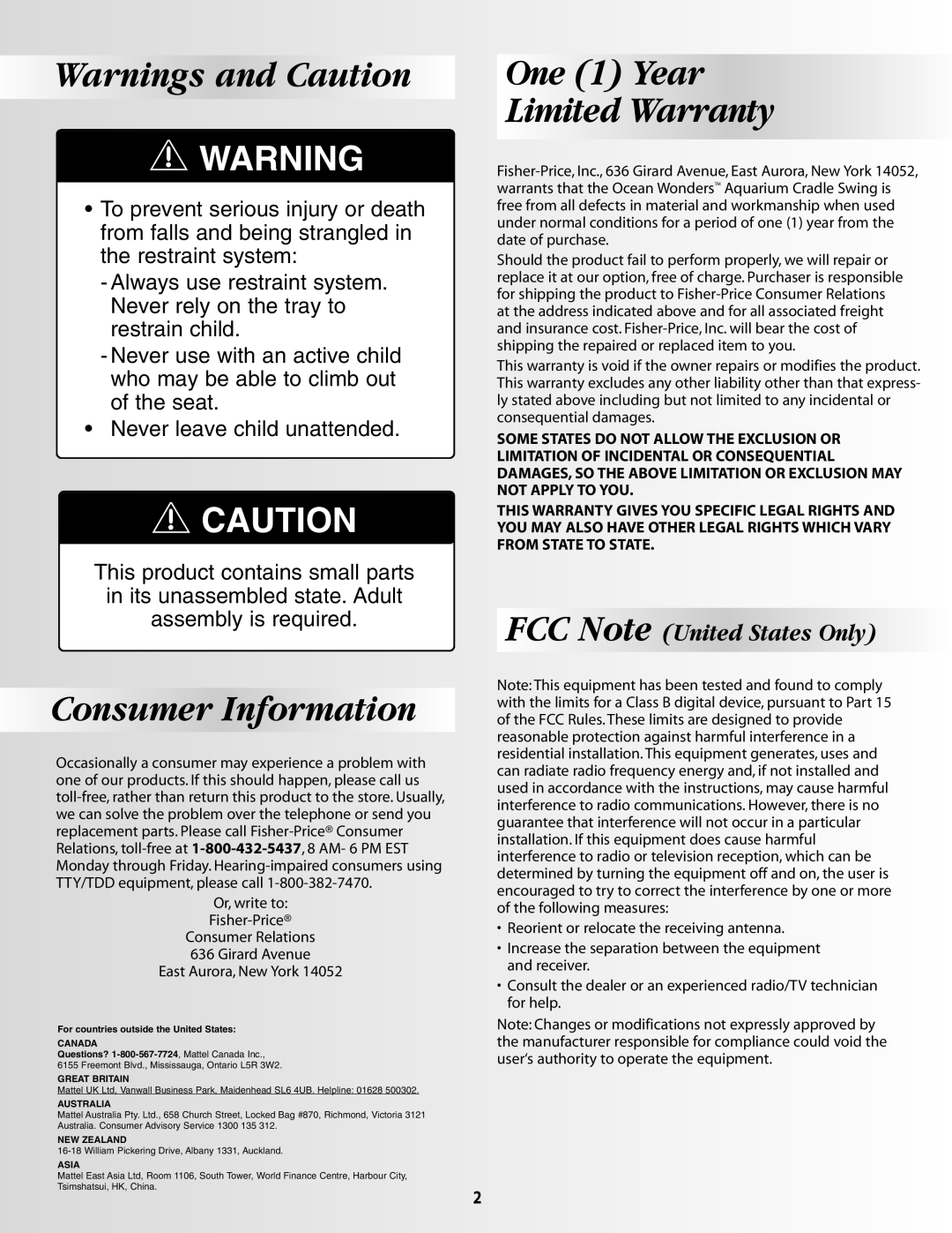 Fisher-Price 79667 instruction sheet Consumer Information, One 1 Year Limited Warranty 