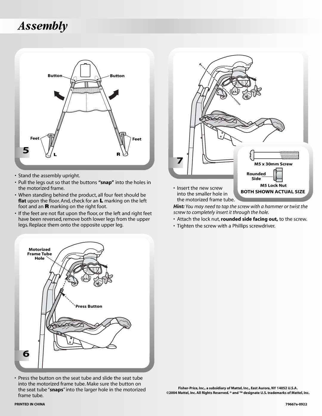 Fisher-Price 79667 instruction sheet Assembly, Insert the new screw, Into the smaller hole, Motorized frame tube 