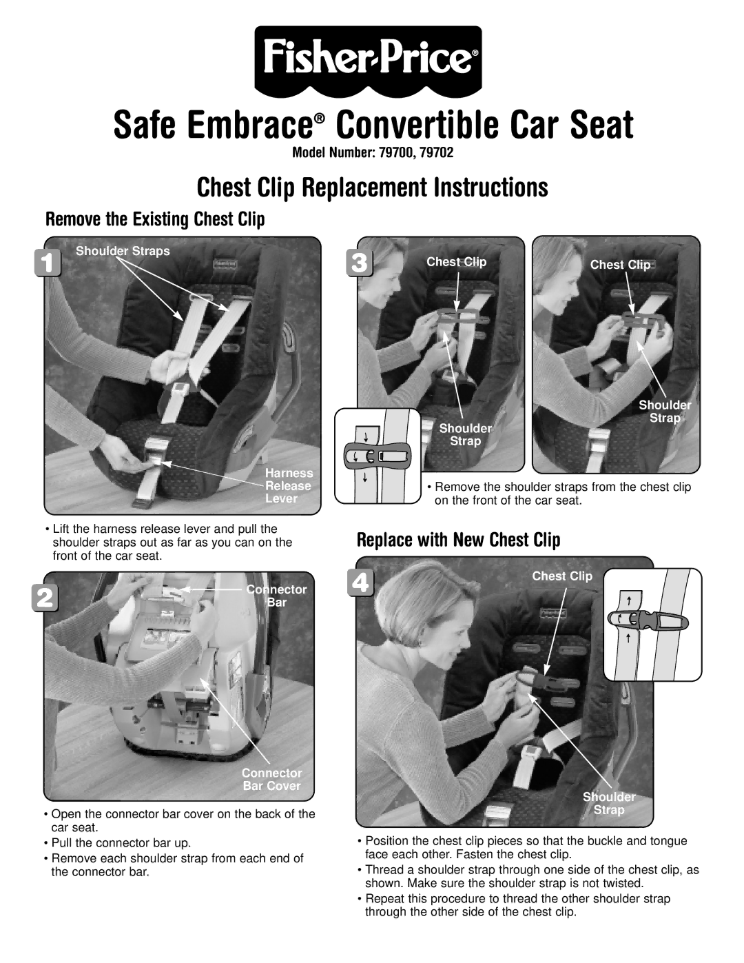 Fisher-Price 79700, 79702 manual Safe Embrace Convertible Car Seat, Chest Clip Replacement Instructions 