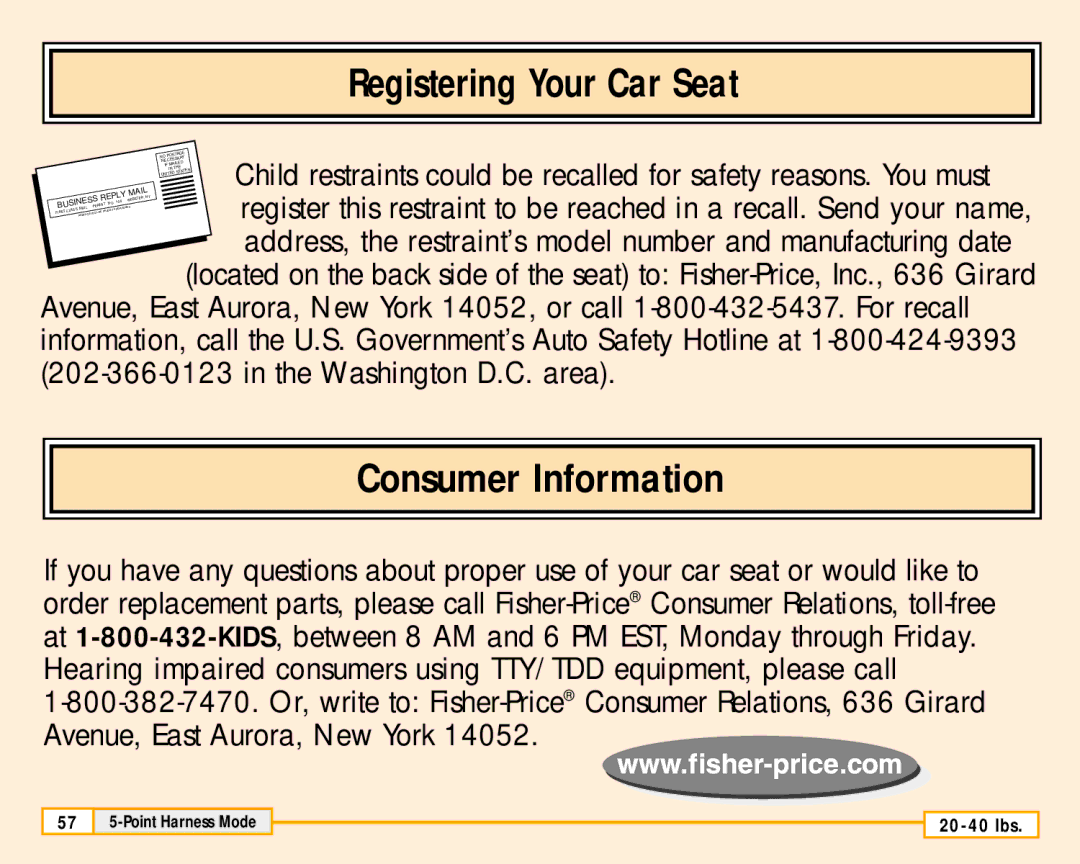 Fisher-Price 79711 owner manual Registering Your Car Seat 