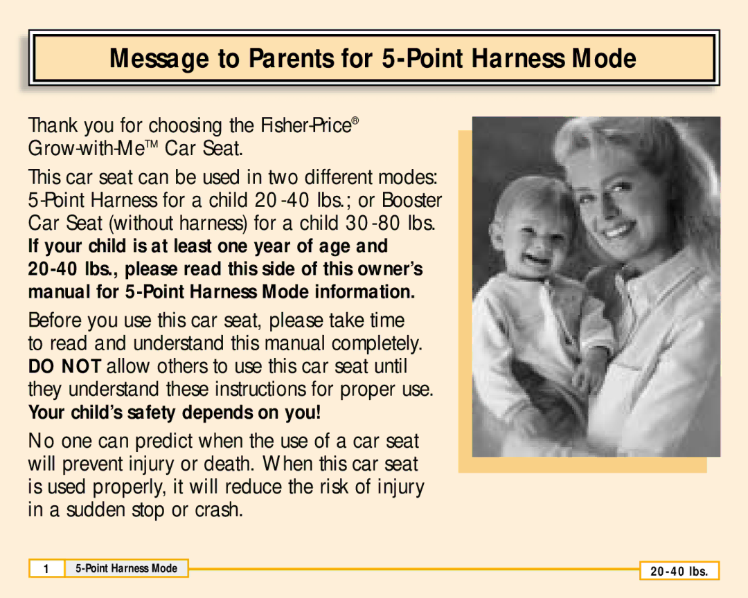 Fisher-Price 79711 owner manual Message to Parents for 5-Point Harness Mode 