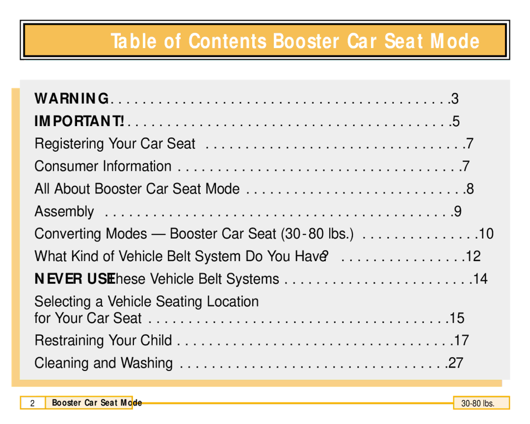 Fisher-Price 79711 owner manual Table of Contents Booster Car Seat Mode 