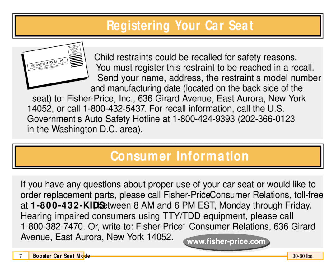 Fisher-Price 79711 owner manual Registering Your Car Seat, Child restraints could be recalled for safety reasons 