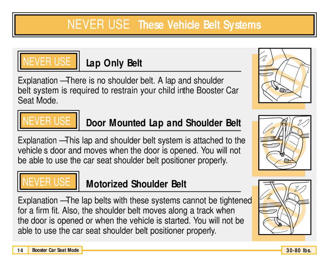 Fisher-Price 79711 owner manual Never USE These Vehicle Belt Systems 