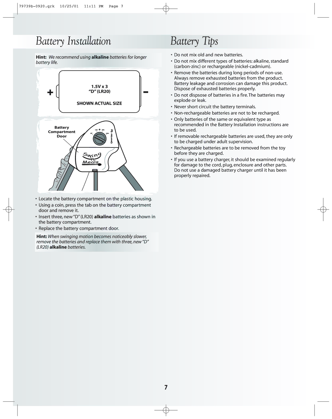 Fisher-Price 79739 instruction sheet Battery Installation, Battery Tips 