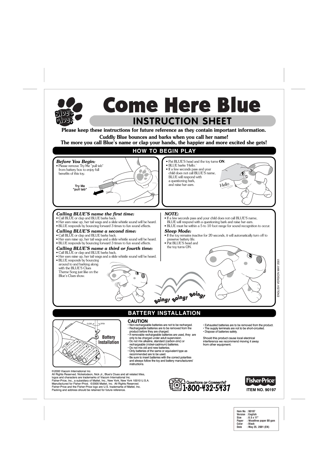 Fisher-Price 90197 instruction sheet ComeHere Blue, ##!#$1, Instruction Sheet 