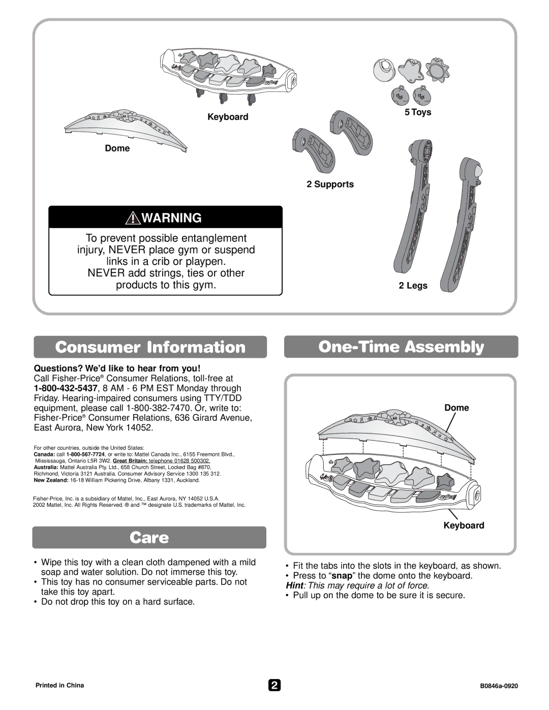 Fisher-Price B0846 instruction sheet Consumer Information, Care, One-Time Assembly 