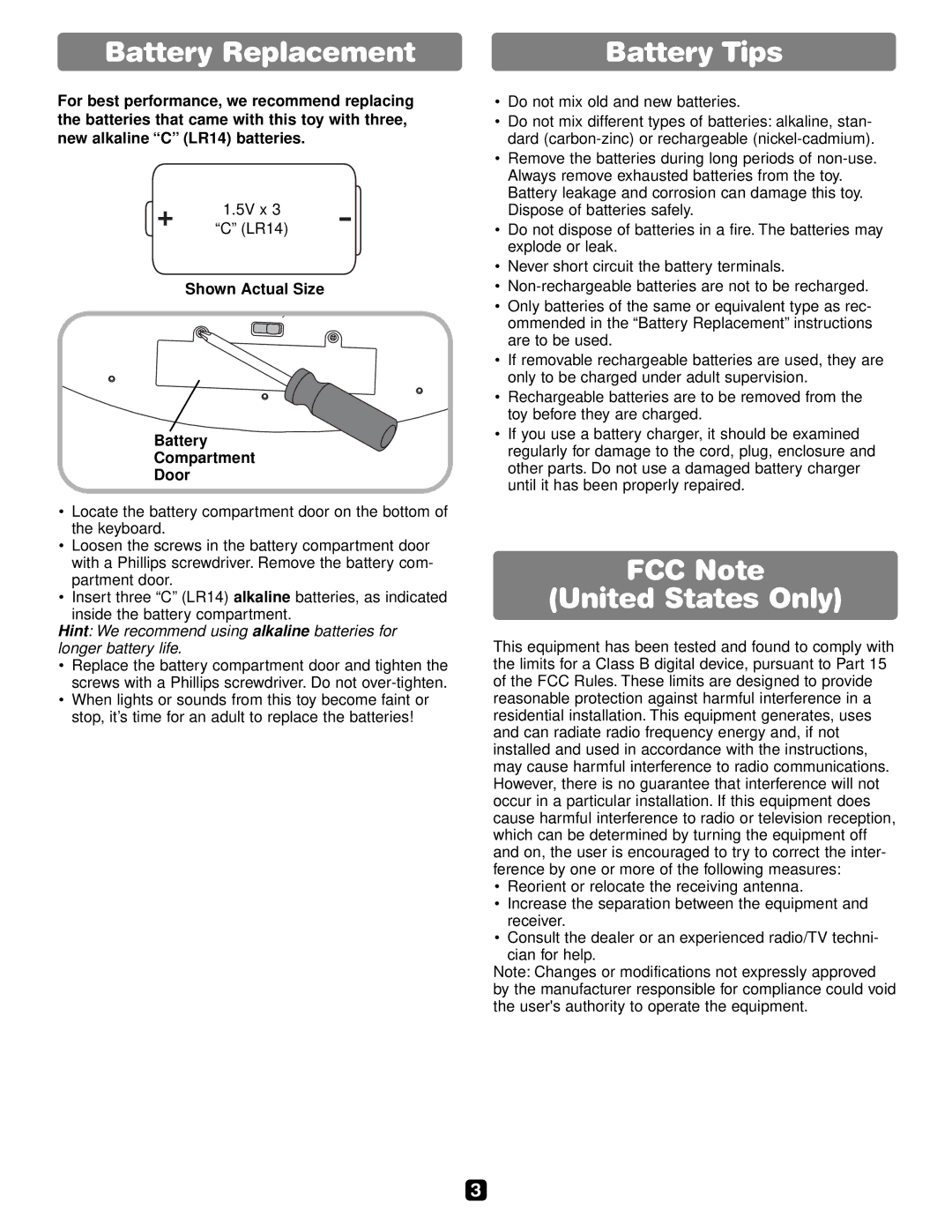 Fisher-Price B0846 instruction sheet Battery Replacement, Battery Tips, FCC Note United States Only 