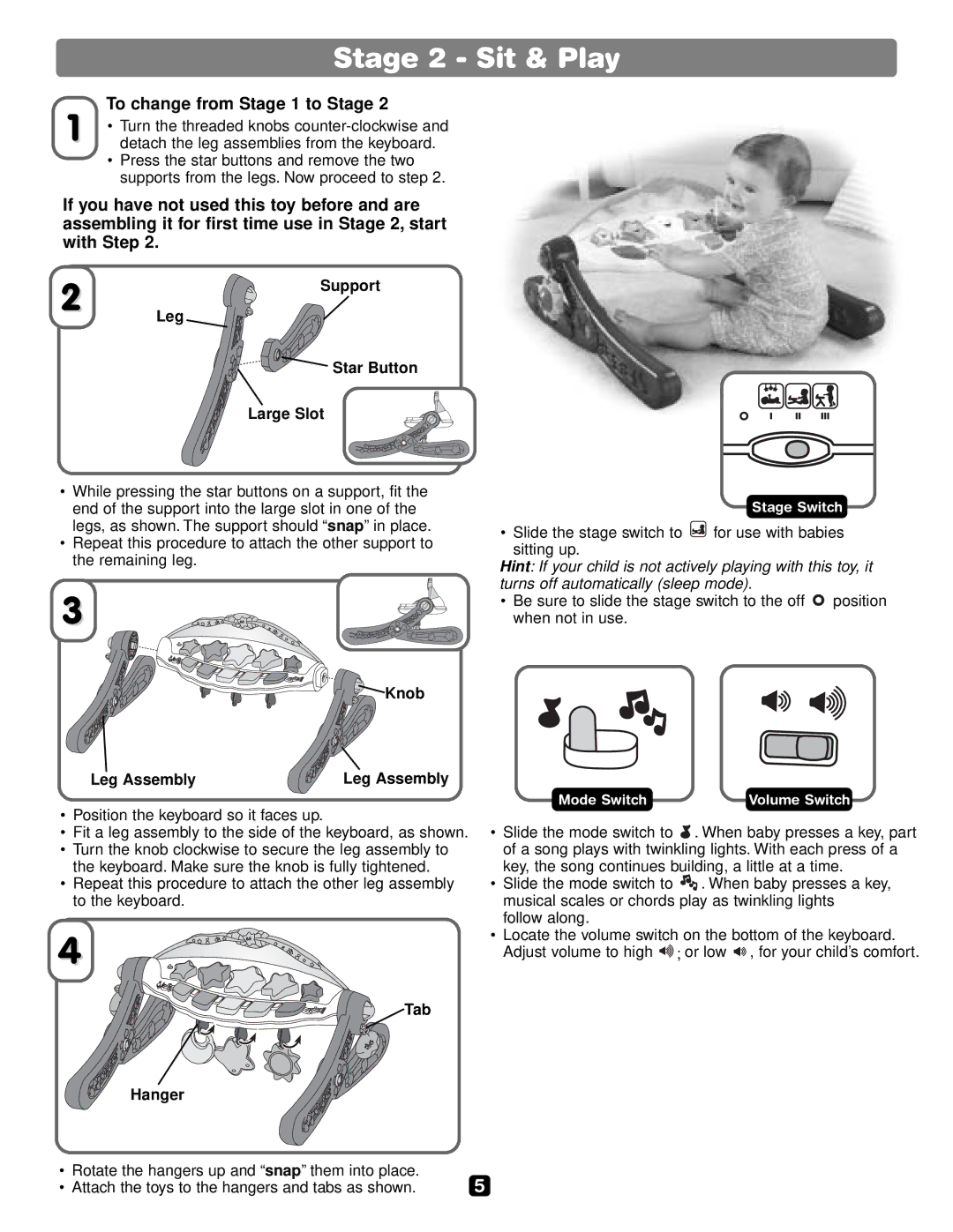 Fisher-Price B0846 instruction sheet Stage 2 Sit & Play, To change from Stage 1 to Stage, Star Button Large Slot, Knob, Tab 